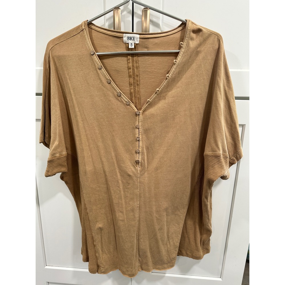 BKE Womens Tan Cotton Henley Short Sleeve Mixed Media Waffle Knit Top Size M